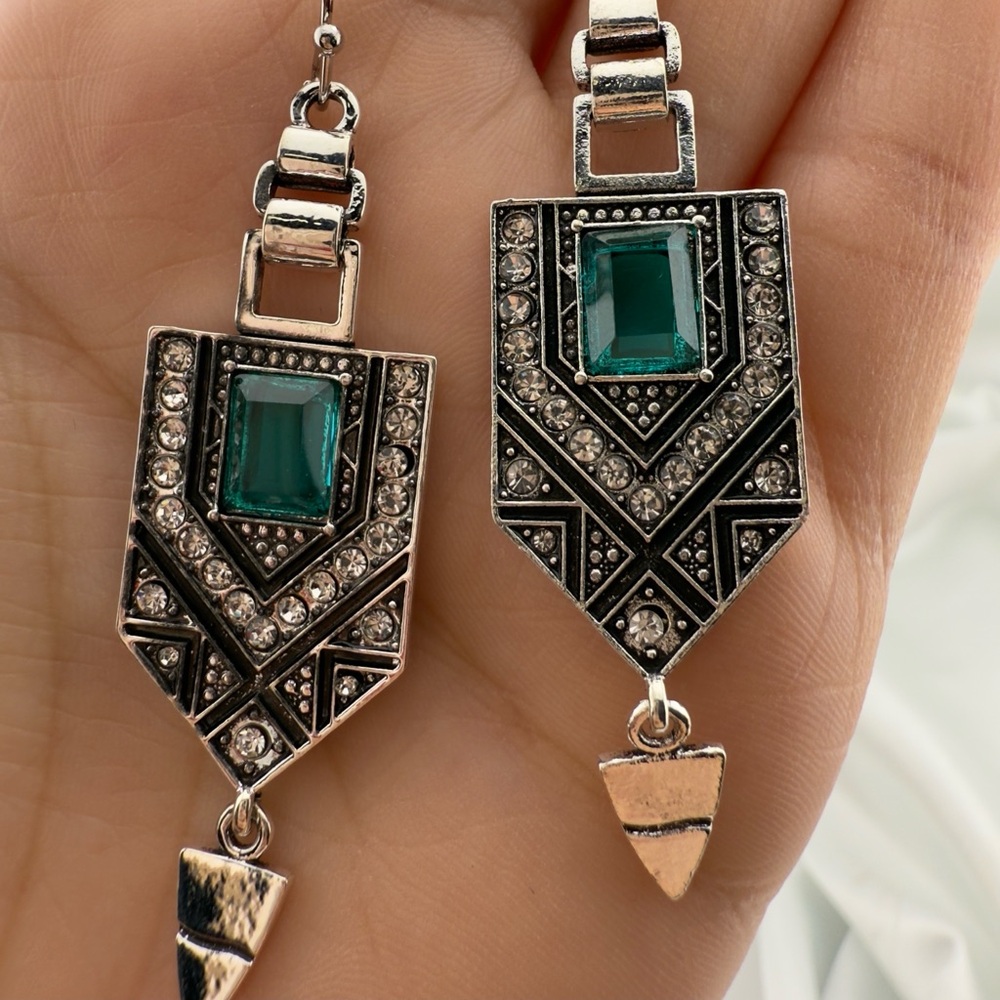 Vintage Silver and Green Geometric Drop Earrings
